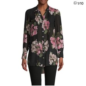 Nanette Lepore Floral Button-Down Blouse - Black with Pink Blossoms, Size Small